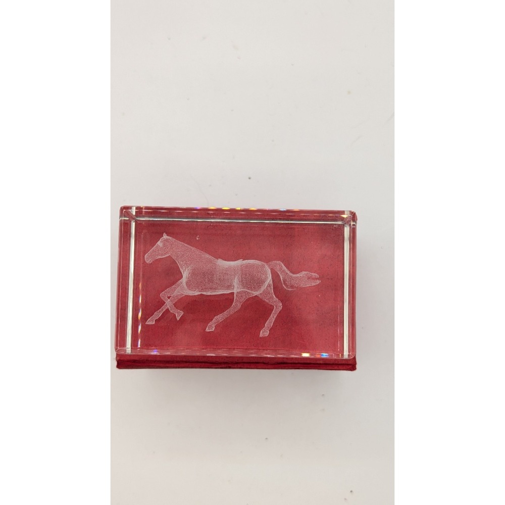 Vintage 3D Laser Etched Running Horse Glass Crystal Block Paperweight Desk Decor